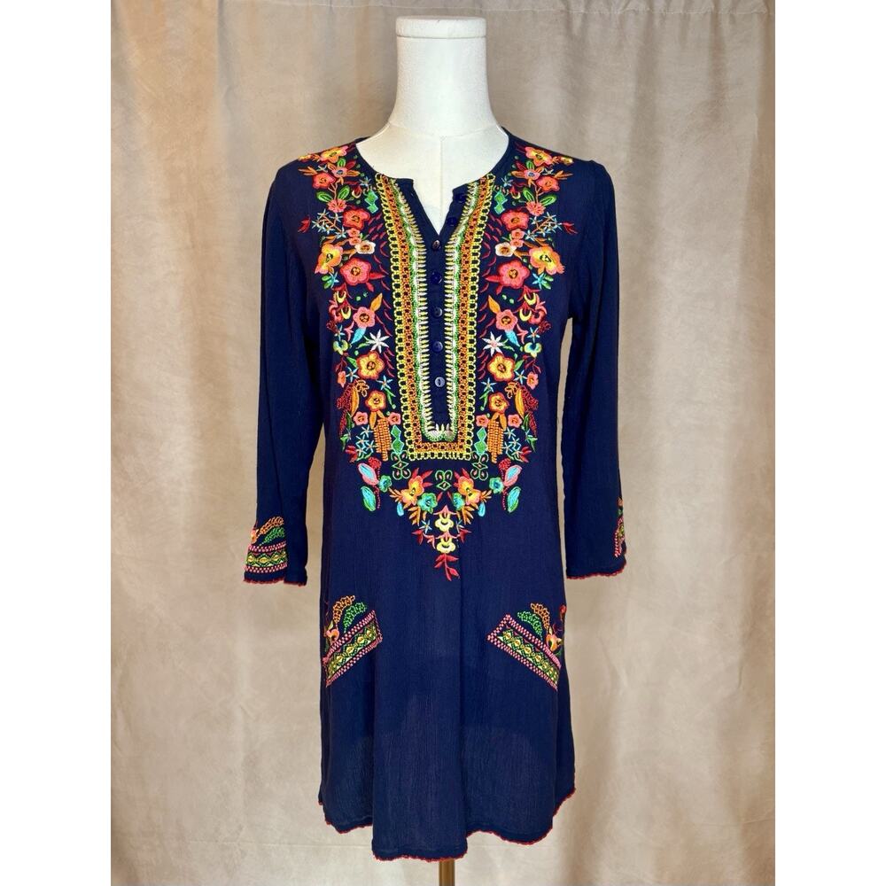 Durga Embroidered Tunic Dress Blue Boho Viscose India M